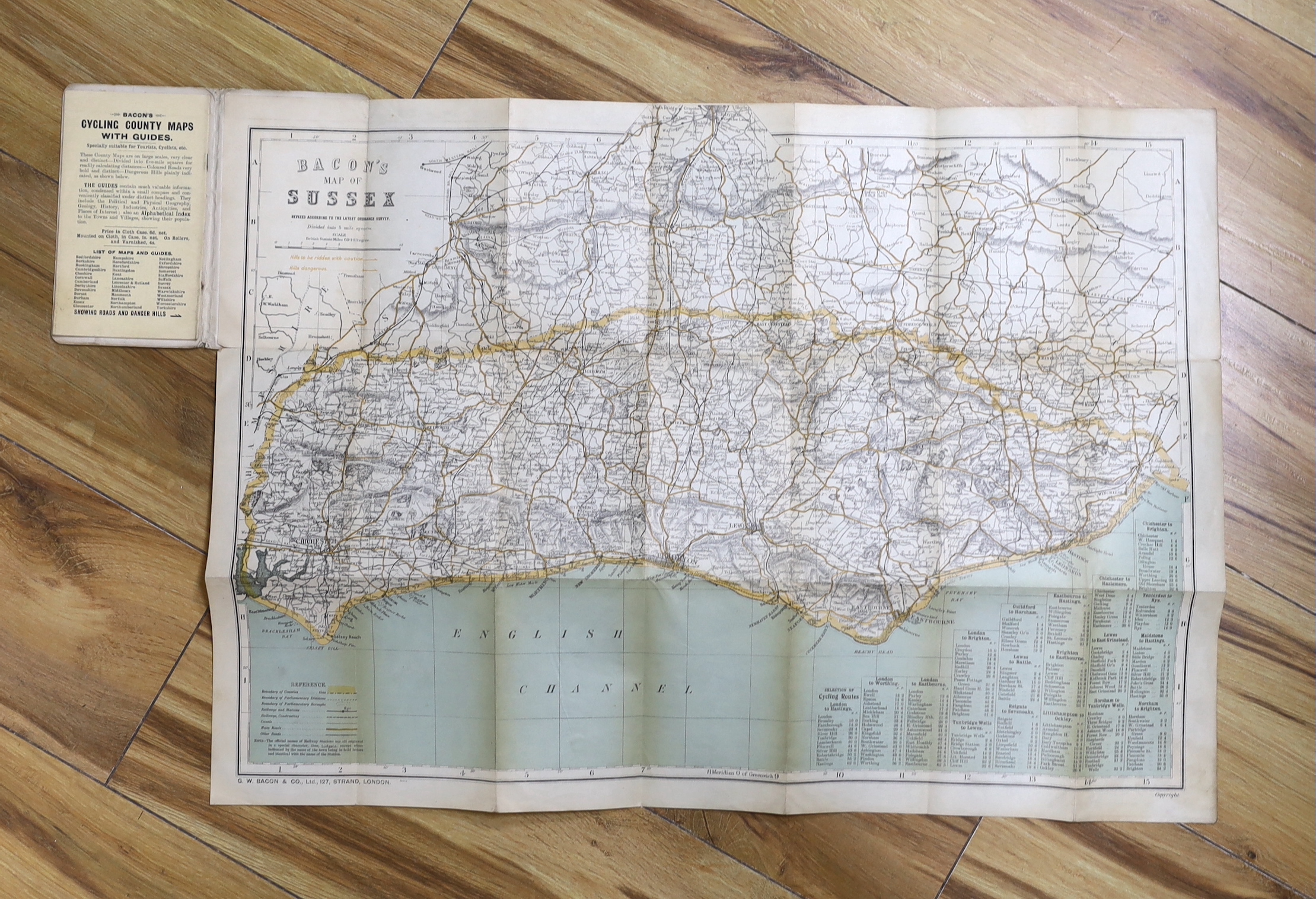 Seven 19th and 20th century folding maps of Sussex; a Pocket County Map series, pub. Chapman and Hall, a Cruchley’s County Map, a Gall & Inglis County Map, a Letts Son & Co. map, a Bacon’s County Map, a Bartholomew’s map